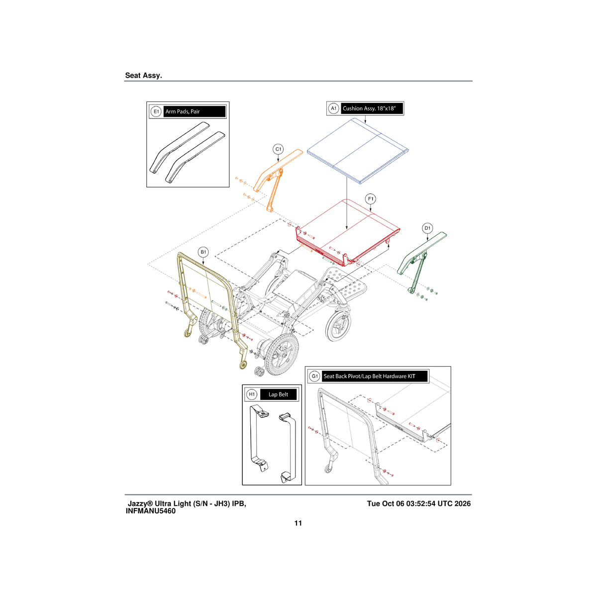 Pride Mobility ACC2403956 lap belt jazzy ultra light (hf: belt215001) parts diagram