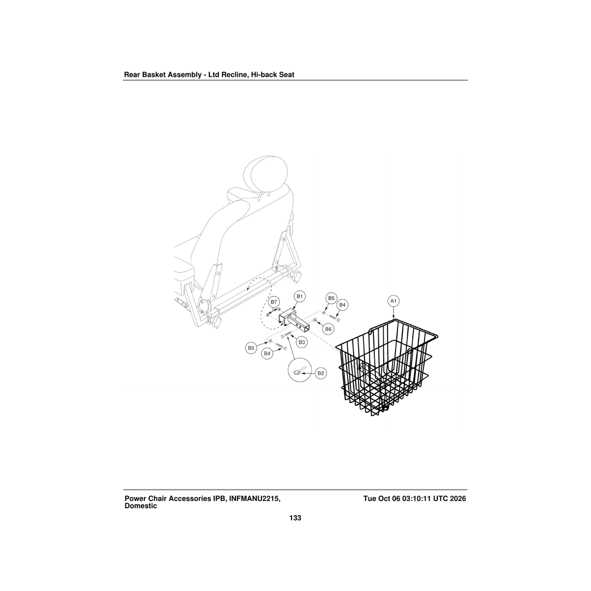 Pride Mobility ACCASMB1914 rear basket assembly with accessory bracket ltd recline seat parts diagram