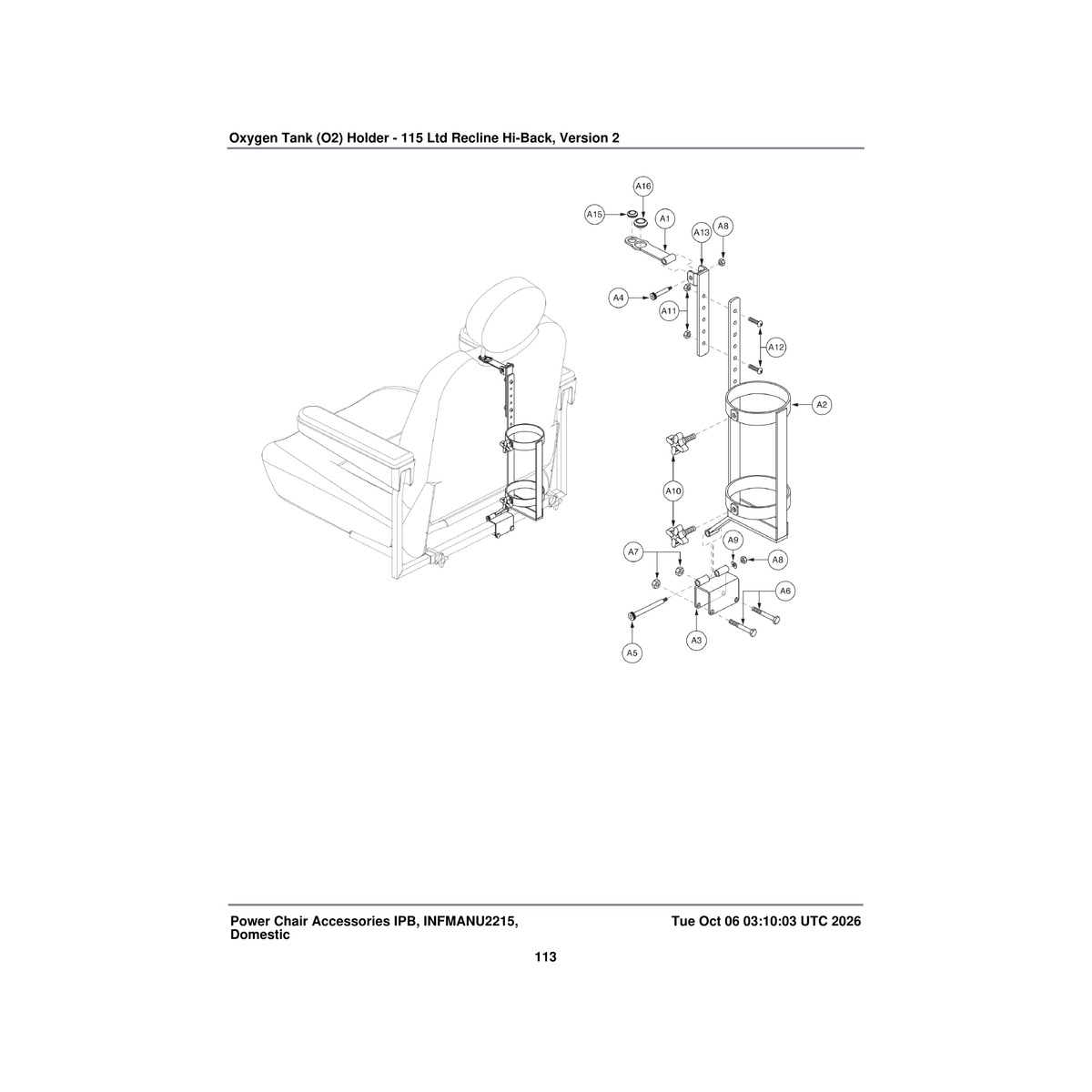Pride Mobility ACCASMB2292 for ltd recline hi-back seat oxygen holder assembly version parts diagram