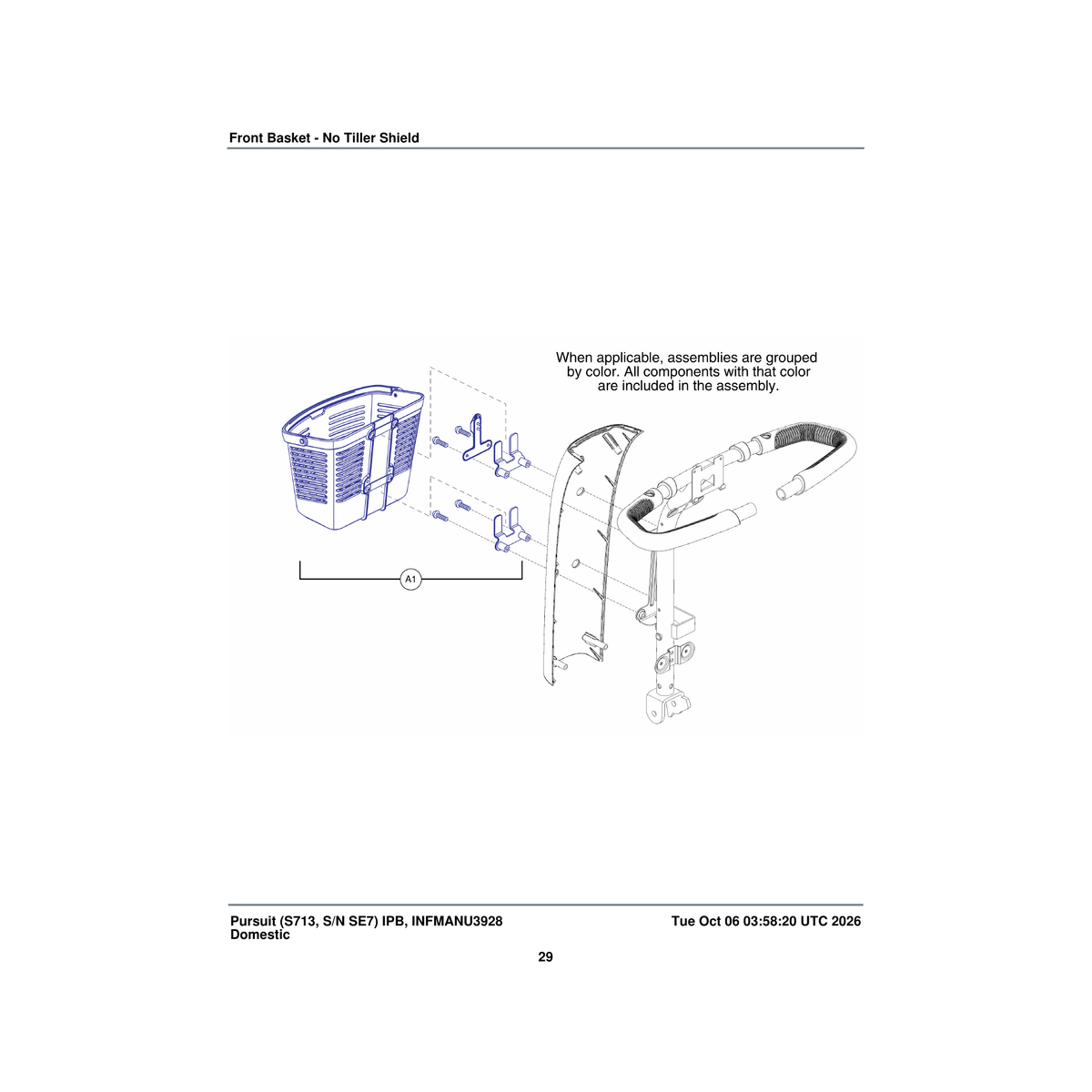 Pride Mobility ACCASMB2492 black basket assembly plastic no tiller shield front parts diagram