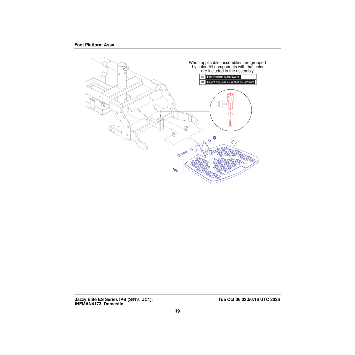 Pride Mobility ACCASMB2580 height adjustable foot platform mounting bracket assembly 2 hole parts diagram