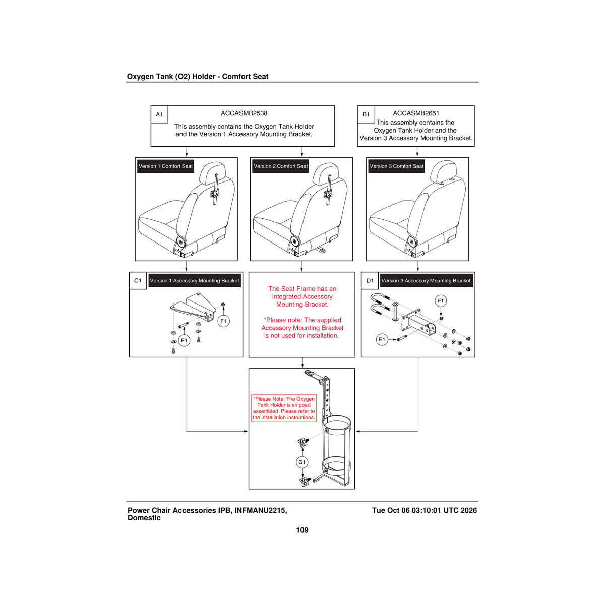 Pride Mobility ACCASMB2651 for ltd recline hi back oxygen holder assembly with mounting parts diagram