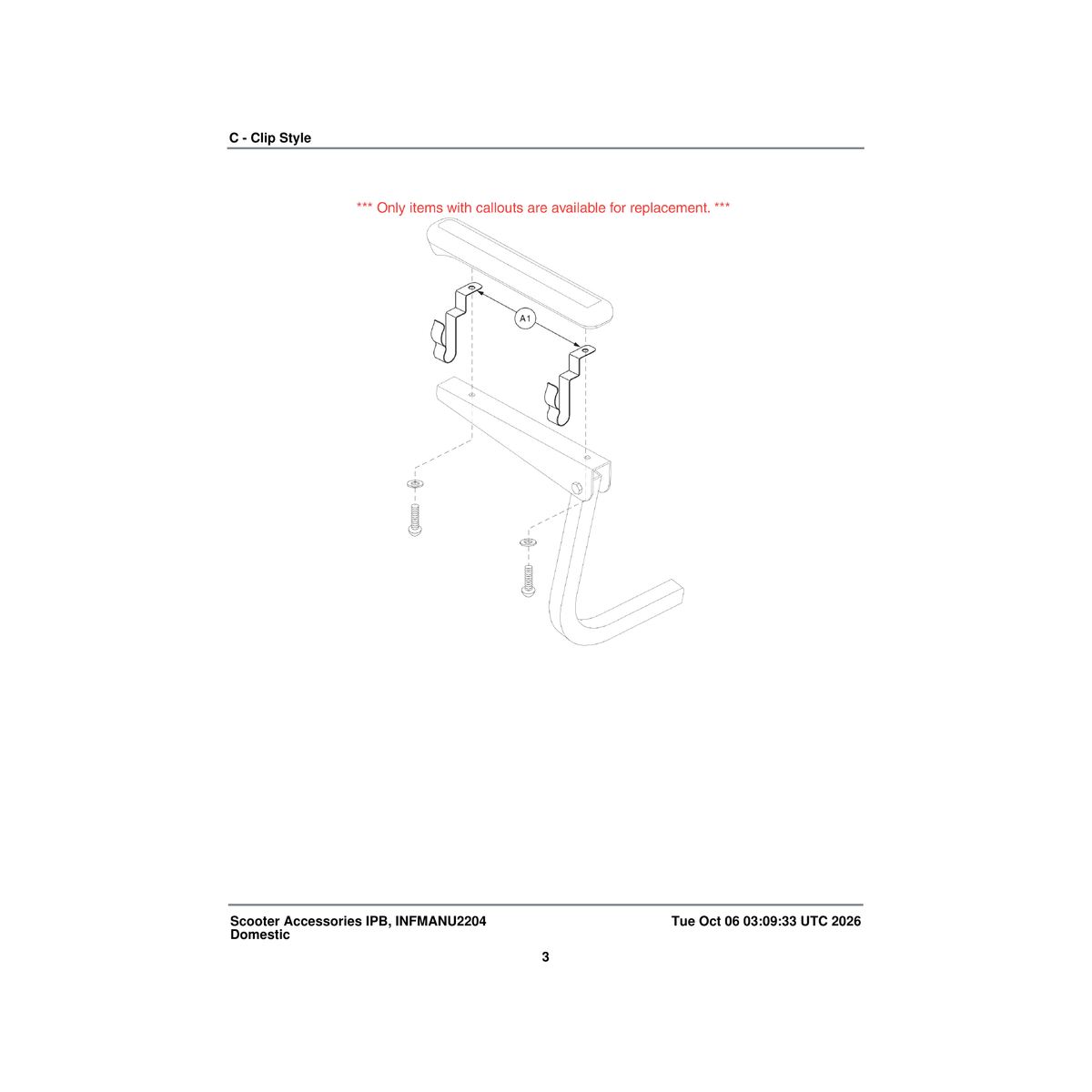 Pride Mobility ACCINDV1074 clip cane attachment fits molded armrest parts diagram