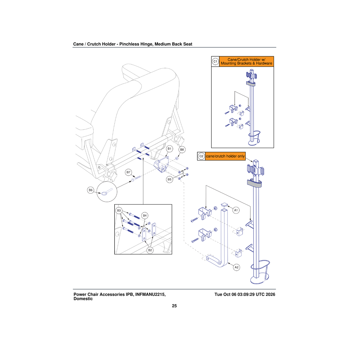 Pride Mobility ACCINDV1077 crutch holder bracket with broom clips parts diagram