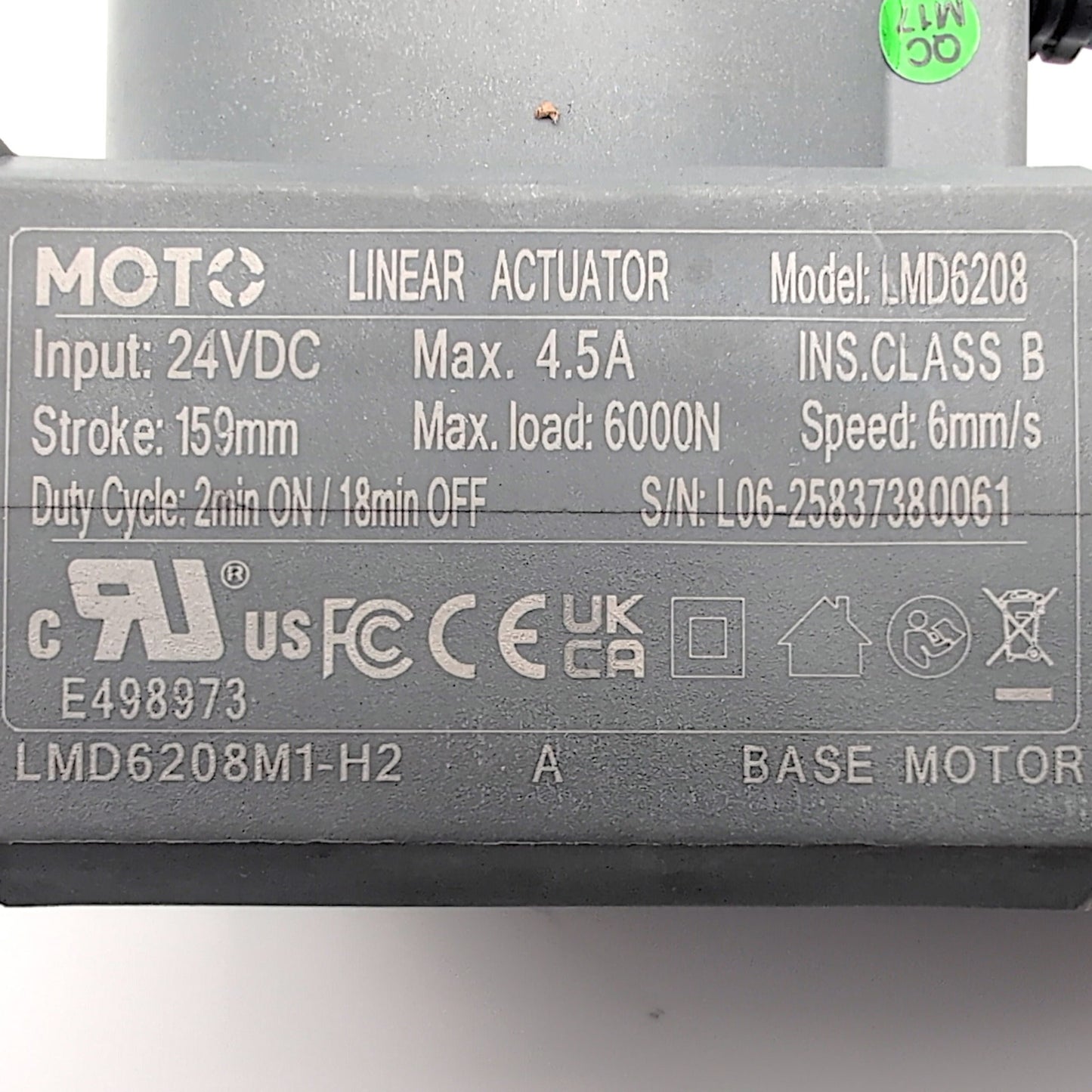 Pride Mobility / Mega Motion  LMD6208M1-H2 (LMD6208M1-8) Linear Actuator - Green Connector - MOT2205150