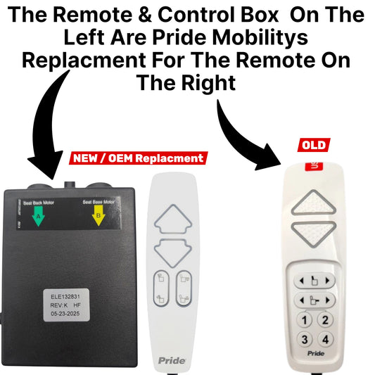 Shows the replacment 6-button remote and control box on the left, with the old 10-button remote on the right. Stating:"The Remote & Control Box  On The Left Are Pride Mobilitys Replacment For The Remote On The Right"