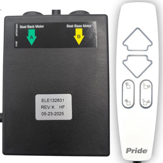 The new white, 6-button, with pride mobility logo, Remote Hand Control Part Number: CTL150060 & the new Control Box Part Number: ELE132831