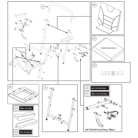 Pride Mobility ARM2502261 armrest assembly left orange button parts diagram