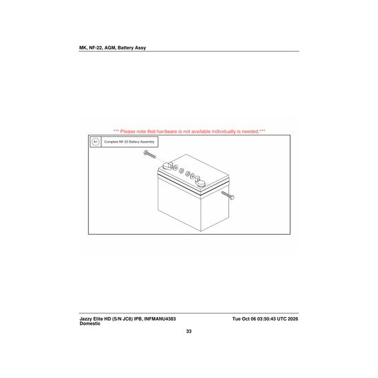 Pride Mobility BAT121346 battery agm 12v 46.5ah (c/5) 22nf parts diagram
