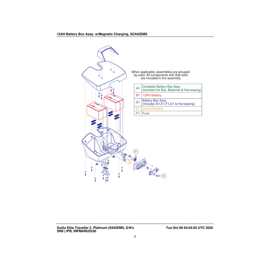 Pride Mobility BAT2305239 12ah battery box assembly magnetic charging parts diagram