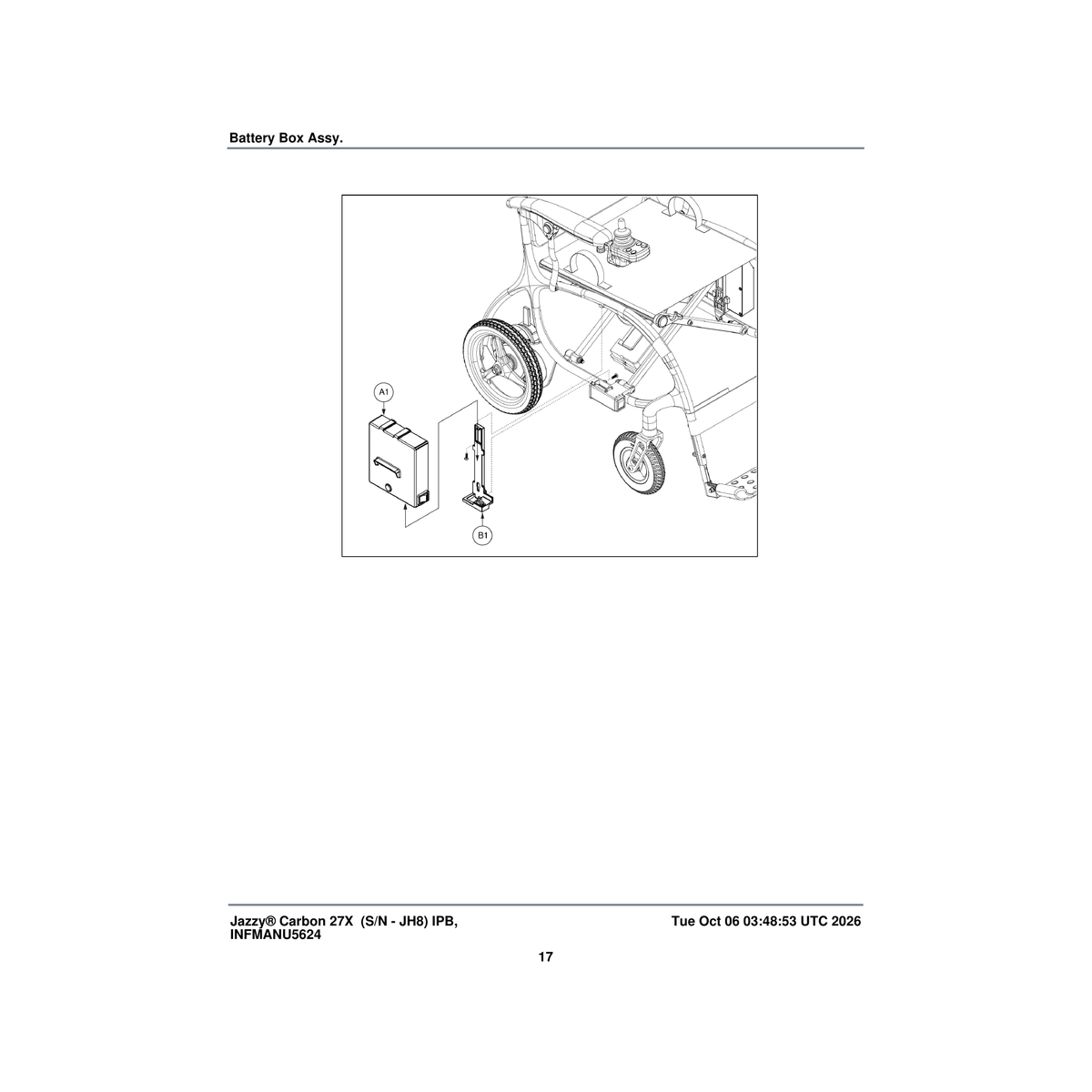 Pride Mobility BAT2504253 battery mounting bracket right (hp202-zp17) parts diagram
