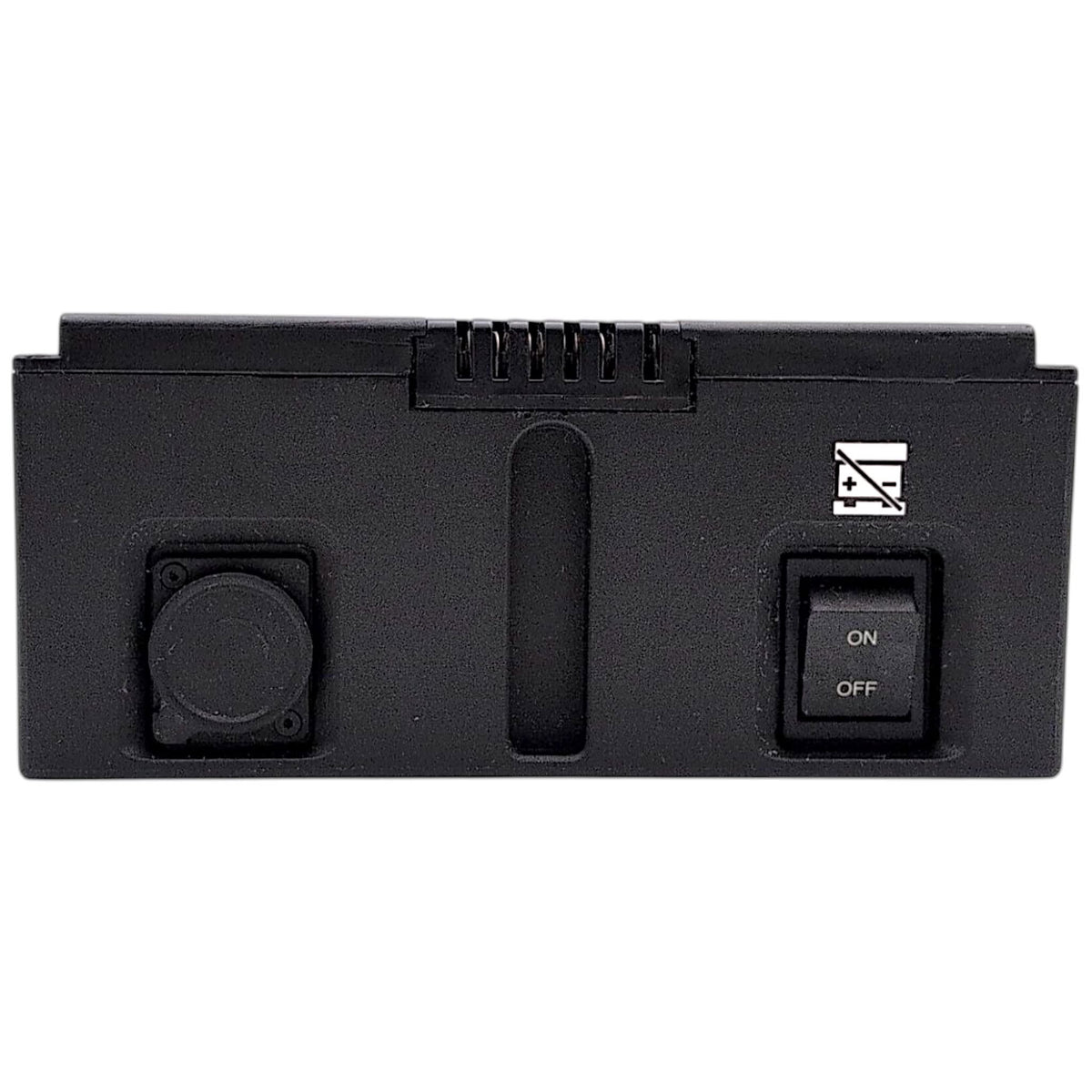 bottom view with xlr port closed, on/off switch, and wheelchair power connector