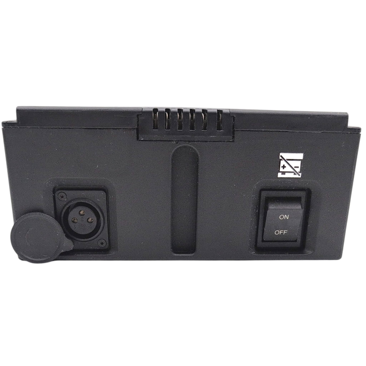 bottom view with xlr port opened, on/off switch, and wheelchair power connector