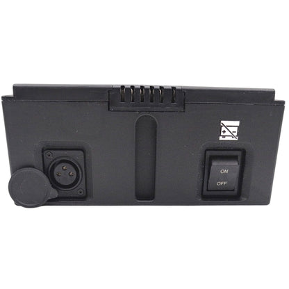 bottom view with xlr port opened, on/off switch, and wheelchair power connector