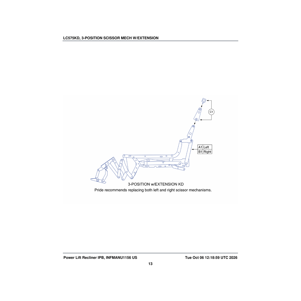Pride Mobility BRKINDV1154 frame scissor mech 3 position with extension kd right parts diagram