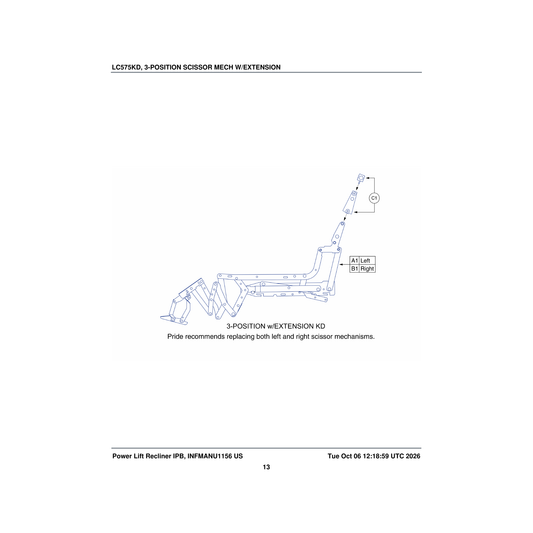 Pride Mobility BRKINDV1154 frame scissor mech 3 position with extension kd right parts diagram