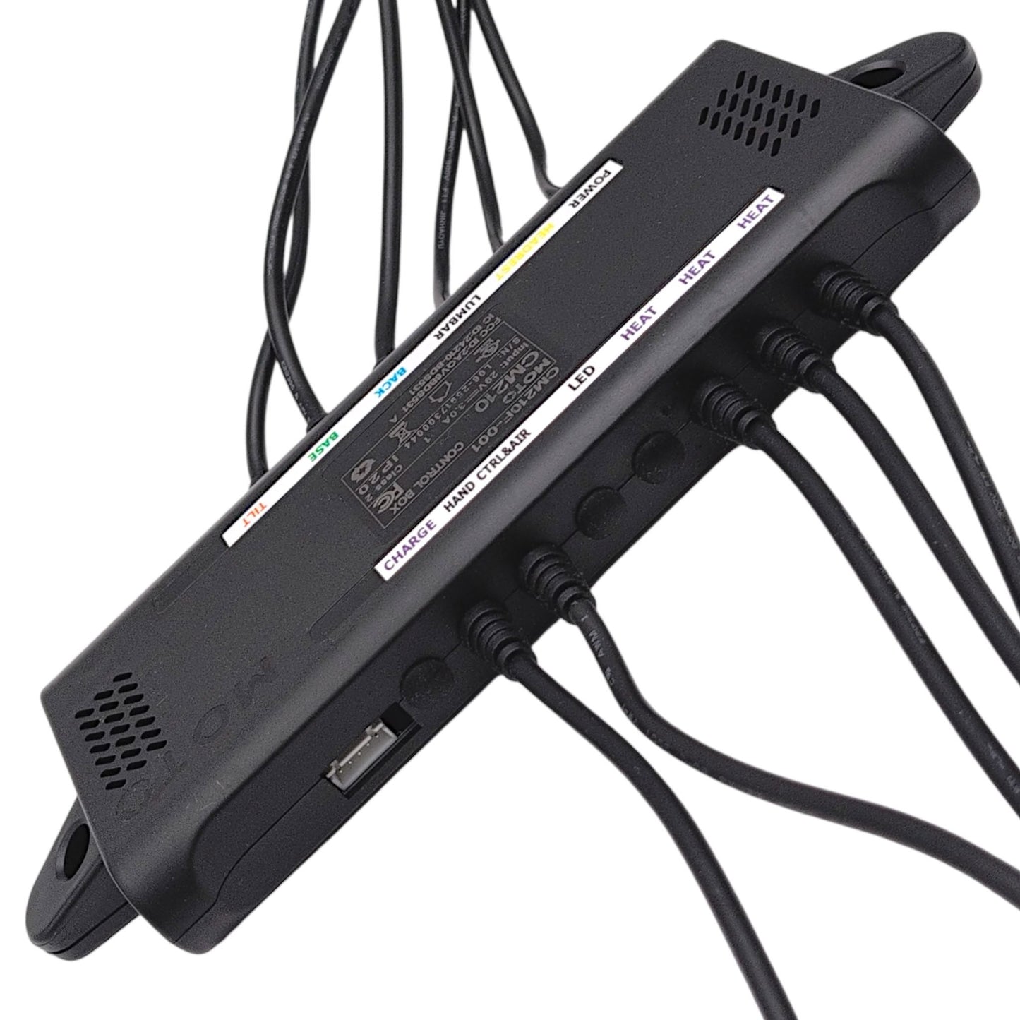 back of control box with 5 cables exiting and a 5-pin white port (not used by the chair)