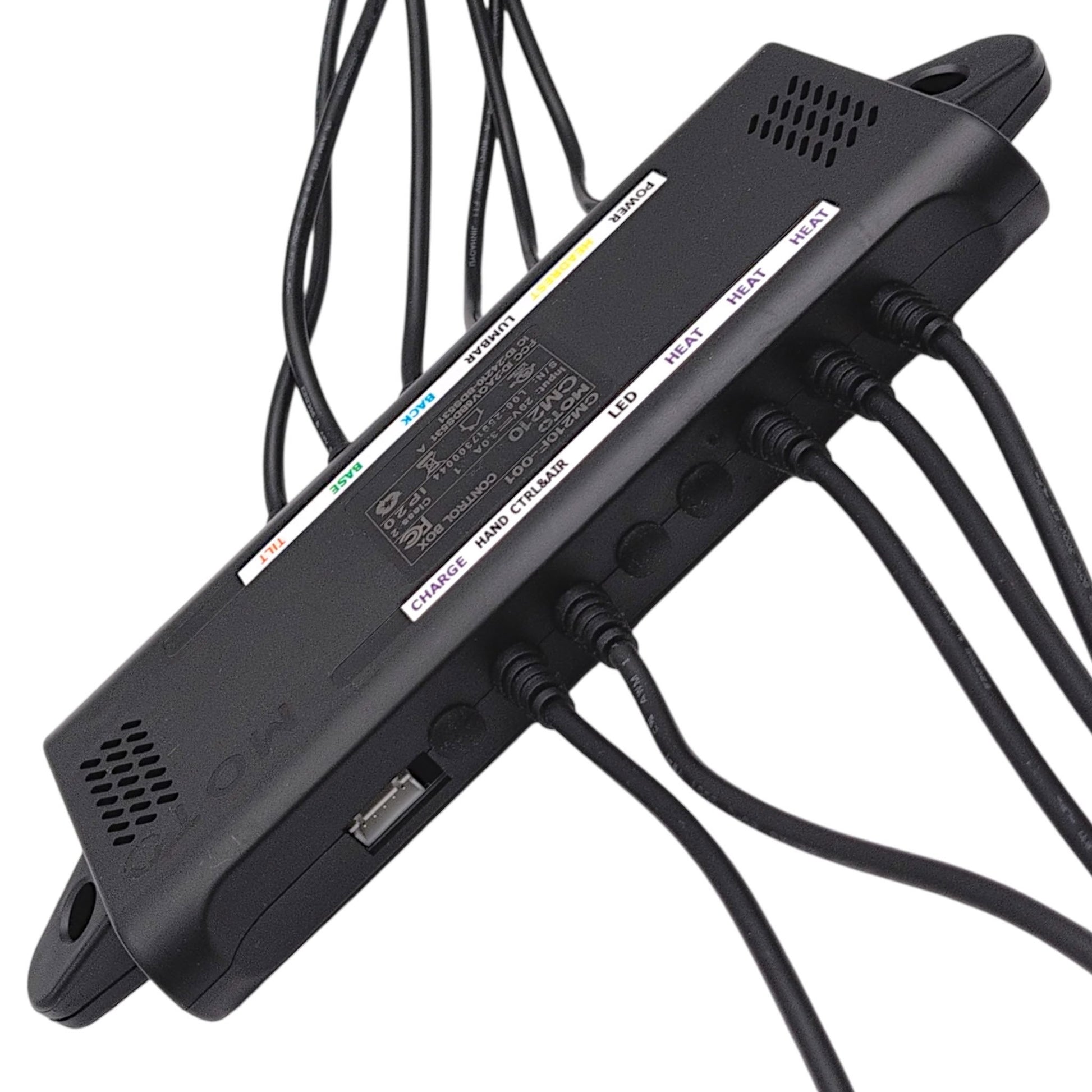 back of control box with 5 cables exiting and a 5-pin white port (not used by the chair)