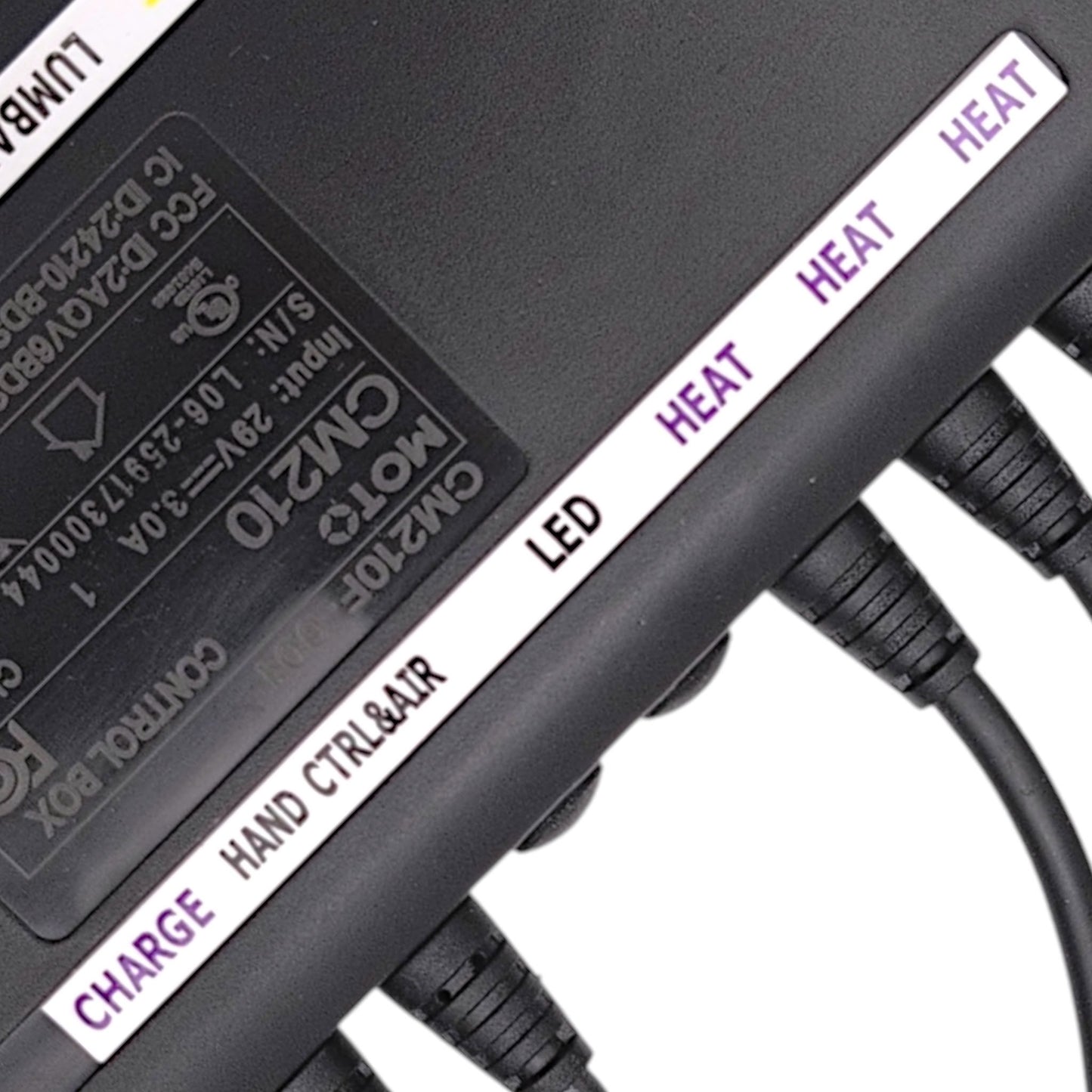 label closeup for, charge, hand control & air, led, heat, heat, heat