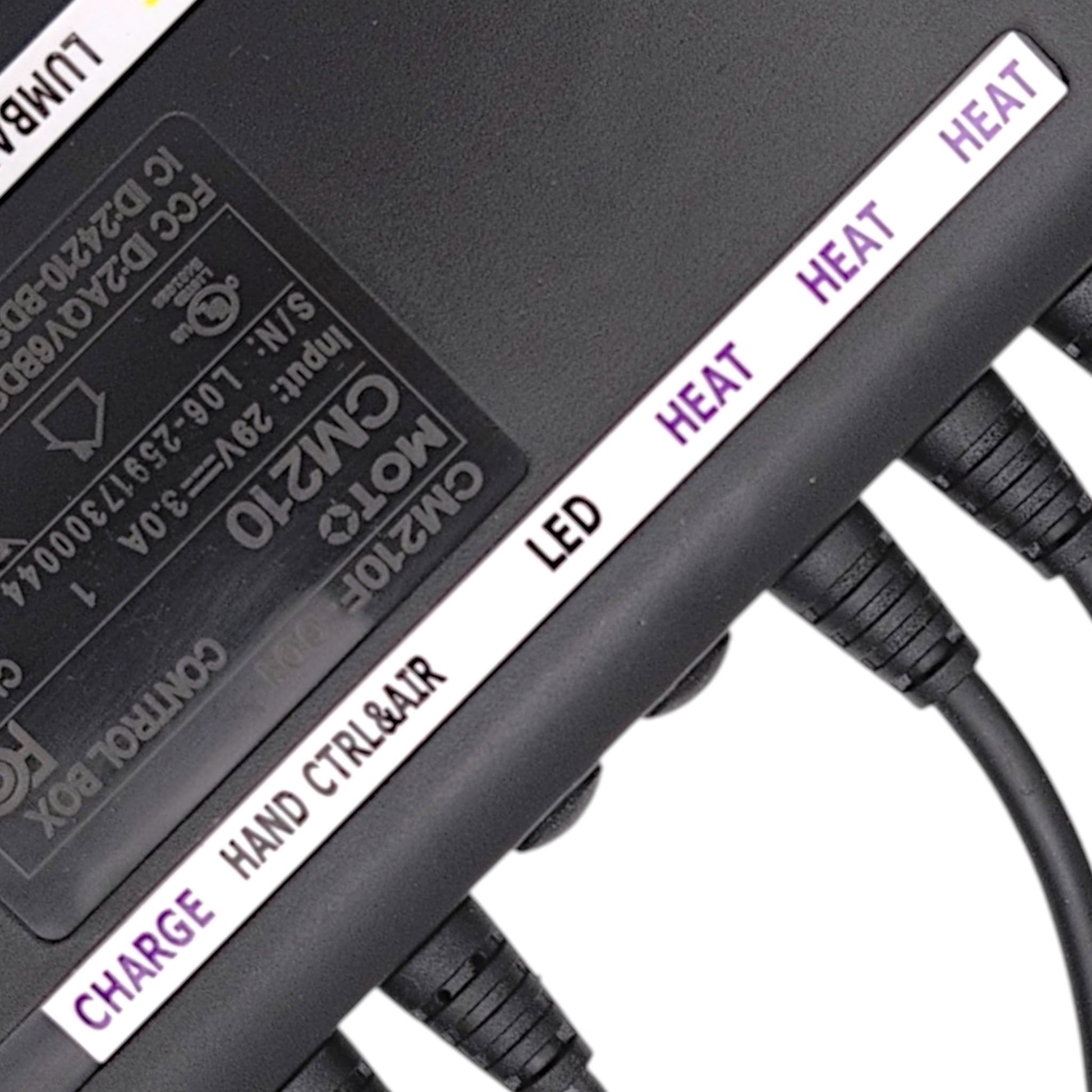 label closeup for, charge, hand control & air, led, heat, heat, heat