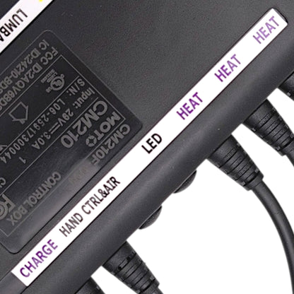 label closeup for, charge, hand control & air, led, heat, heat, heat