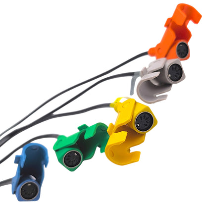 Front view of the following female five-pin connectors with clamps. Tilt (orange), Lumbar (gray), Headrest (yellow), Base (green), Back (blue).