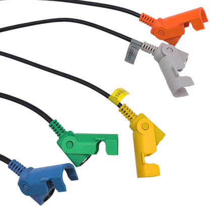 Side view of the following female five-pin connectors with clamps. Tilt (orange), Lumbar (gray), Headrest (yellow), Base (green), Back (blue).