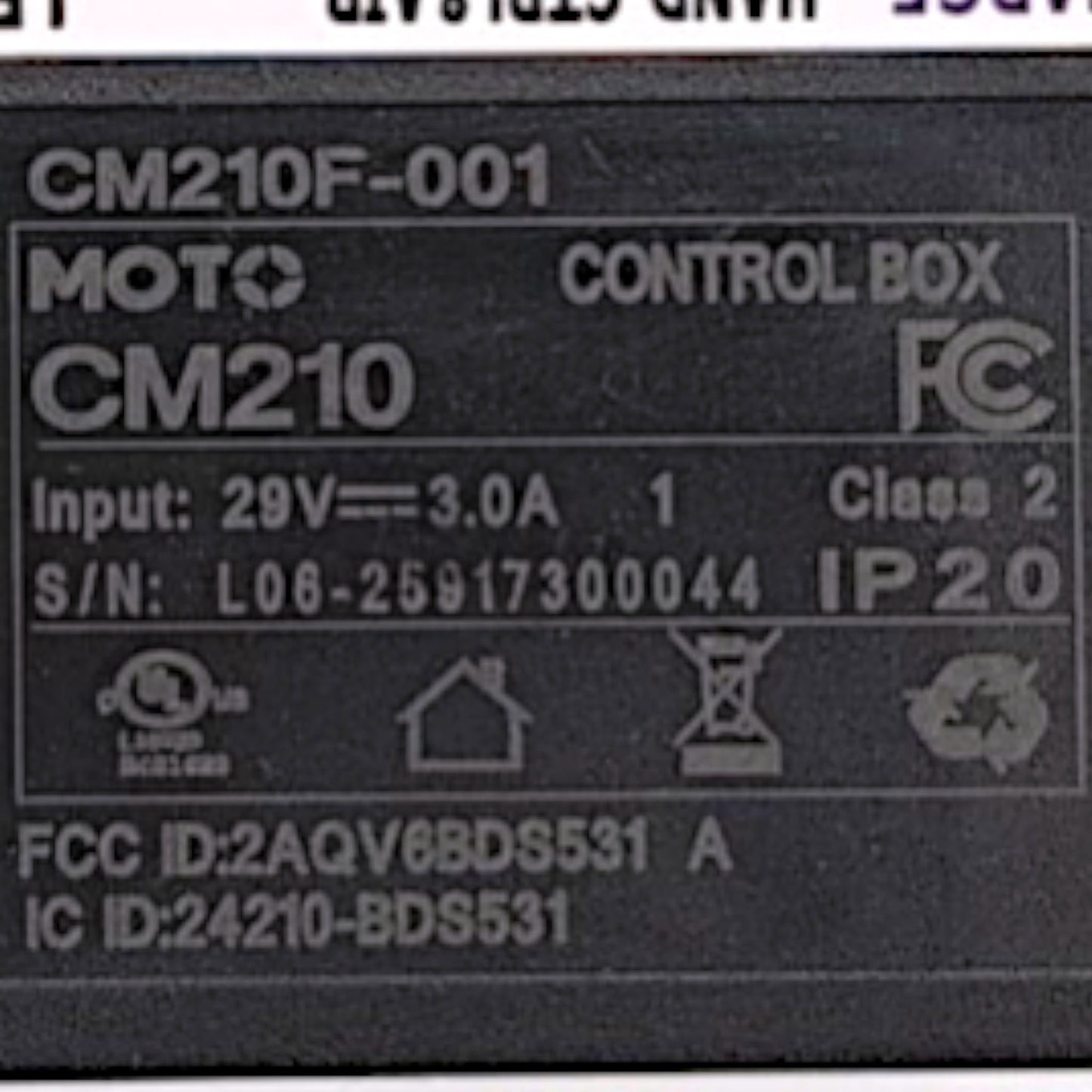 Product Label showing the Model Number: CM210F-001, Moto Control Box, base model id: CM210, Input 29 volts - 3.0 Amps