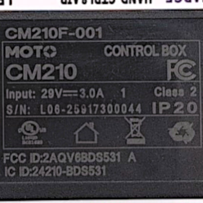 Product Label showing the Model Number: CM210F-001, Moto Control Box, base model id: CM210, Input 29 volts - 3.0 Amps