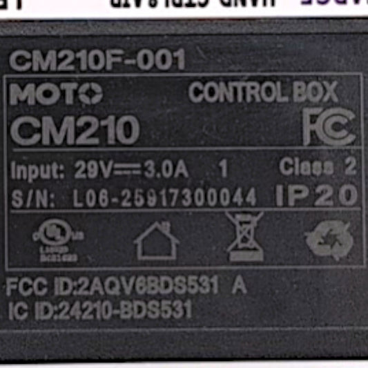 Product Label showing the Model Number: CM210F-001, Moto Control Box, base model id: CM210, Input 29 volts - 3.0 Amps