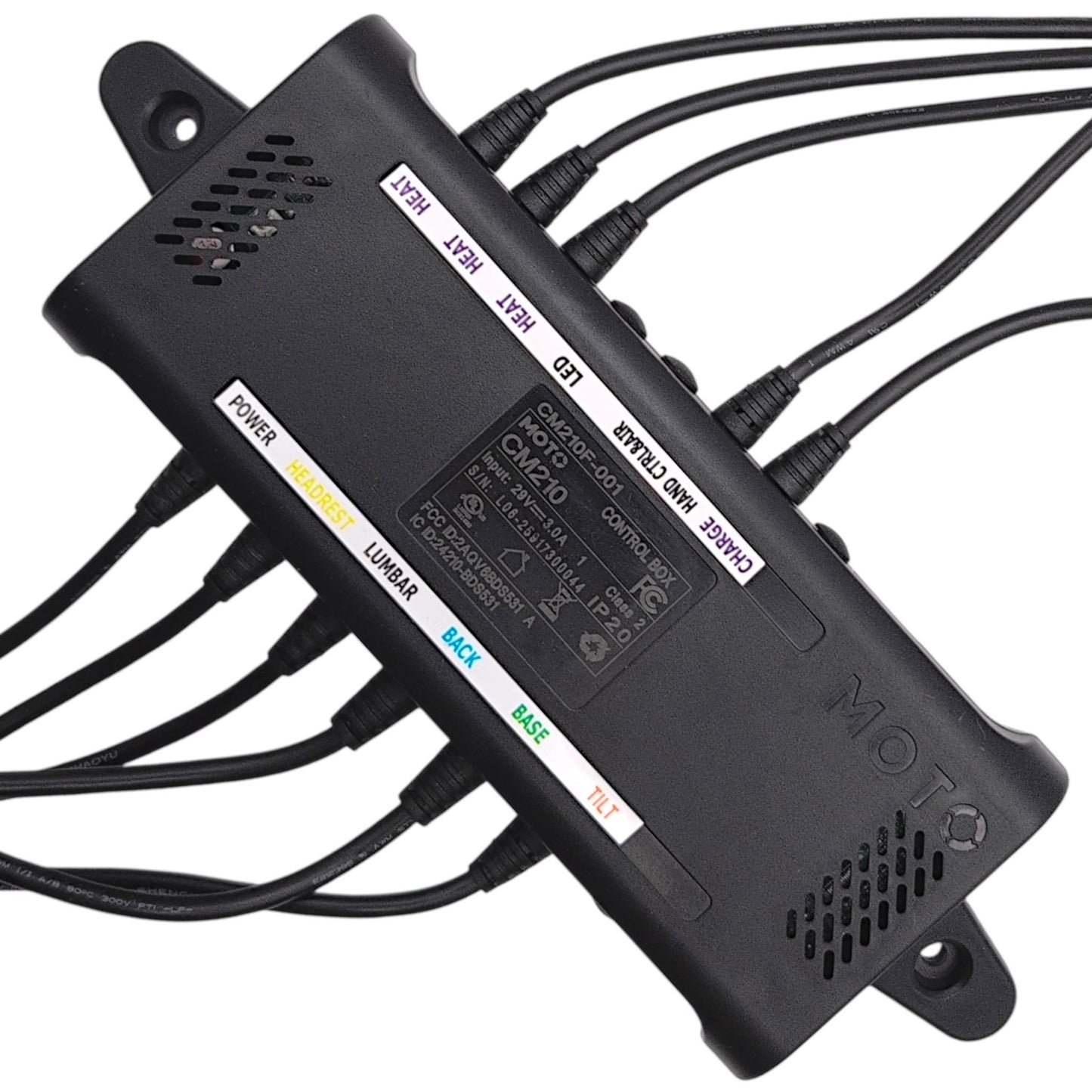 Top view closeup with product label showing model number: CM210F-001 and 11 cables labeled as, Power, Headrest, Lumbar, Back, Base, Tilt, LED, Charge, Hand Control  Air, and three cables labeled as Heat.