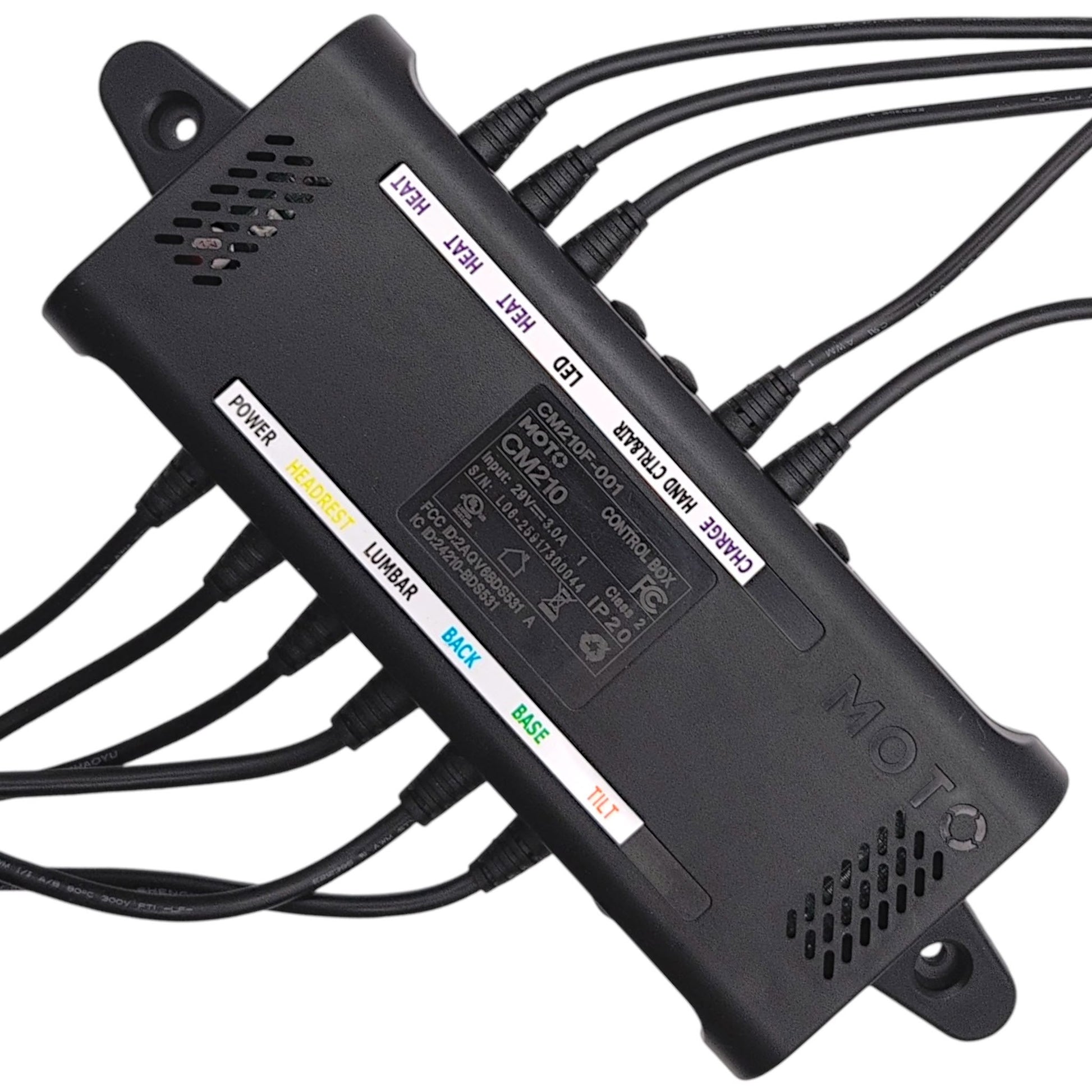 Top view closeup with product label showing model number: CM210F-001 and 11 cables labeled as, Power, Headrest, Lumbar, Back, Base, Tilt, LED, Charge, Hand Control  Air, and three cables labeled as Heat.