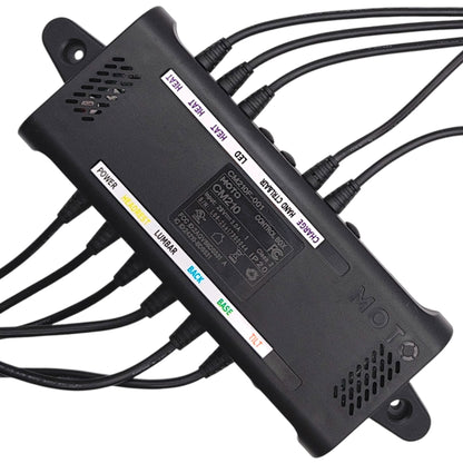Top view closeup with product label showing model number: CM210F-001 and 11 cables labeled as, Power, Headrest, Lumbar, Back, Base, Tilt, LED, Charge, Hand Control  Air, and three cables labeled as Heat.