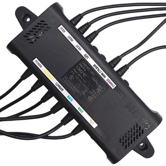 Top view closeup with product label showing model number: CM210F-001 and 11 cables labeled as, Power, Headrest, Lumbar, Back, Base, Tilt, LED, Charge, Hand Control  Air, and three cables labeled as Heat.