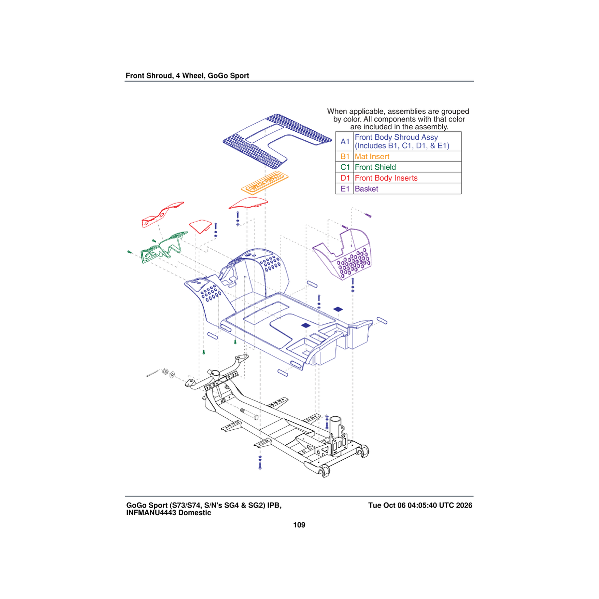 Pride Mobility DGN121610 front body shroud assembly solid black red inserts parts diagram