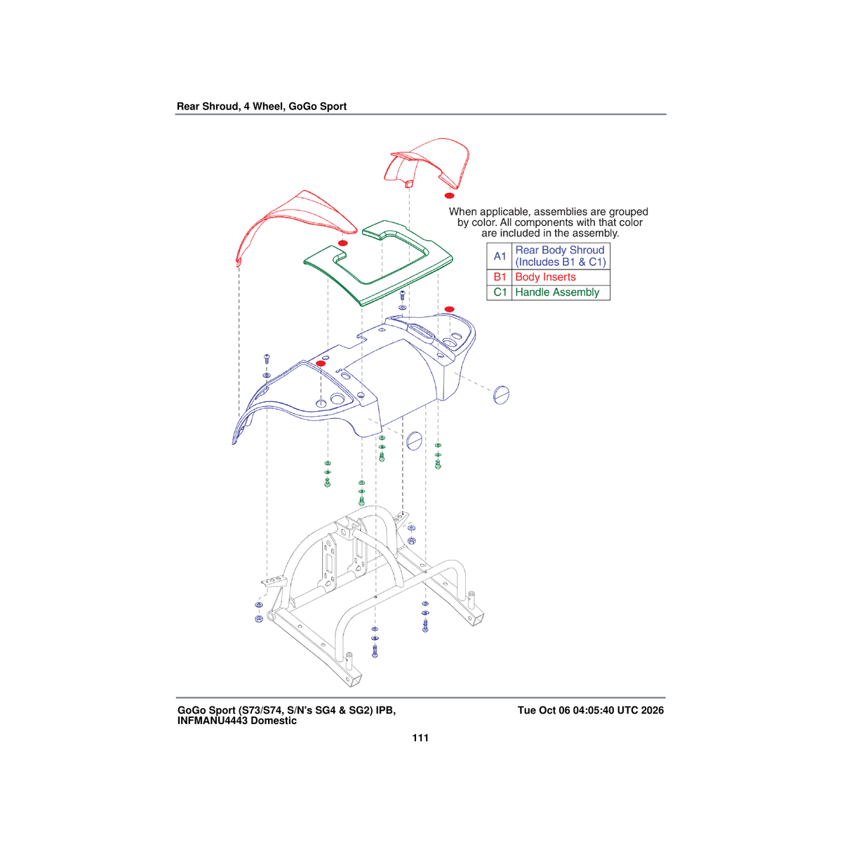 Pride Mobility DGN122286 rear body shroud assembly black red inserts no light sport parts diagram