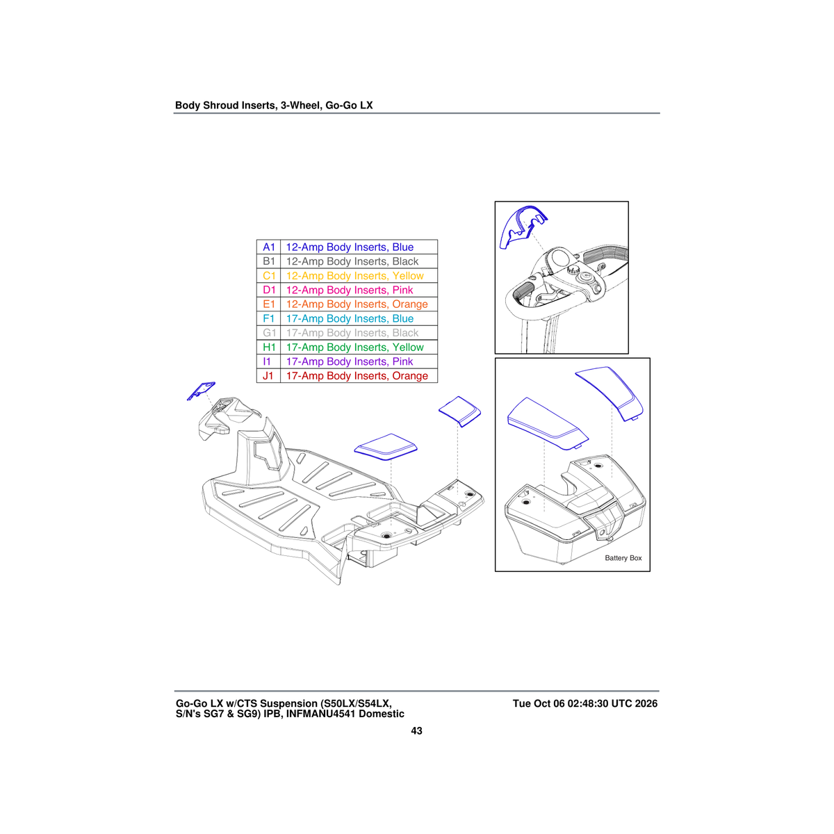 Pride Mobility DGN135807 inserts shroud assembly blue 3-wheel 17 amp battery pack parts diagram
