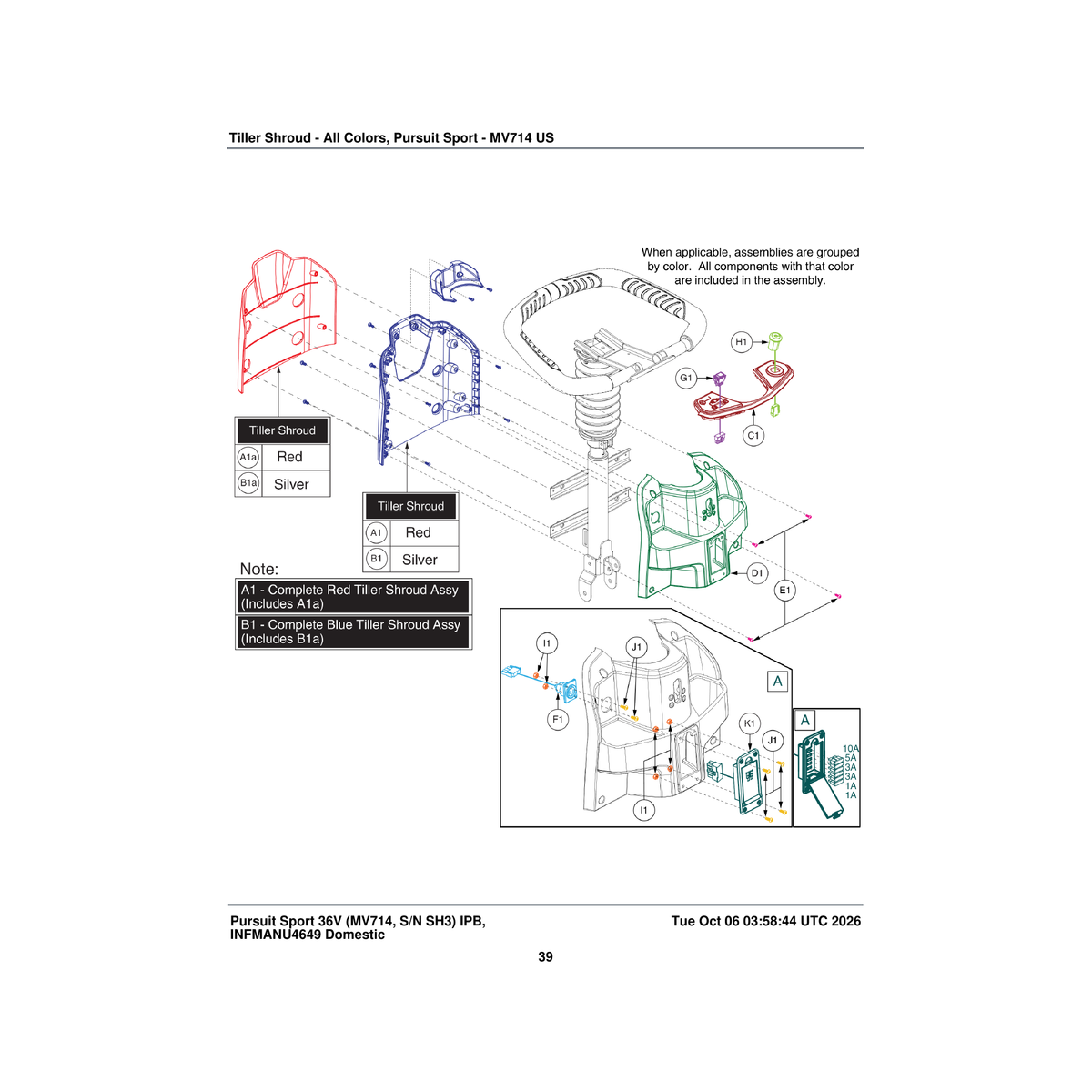 Pride Mobility DGN141271 tiller shroud assembly front candy apple red mv714 parts diagram