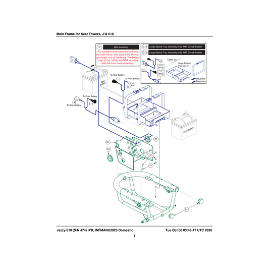 Pride Mobility DGN142485 tray battery assembly small plastic with 50 amp circuit breaker & decals parts diagram