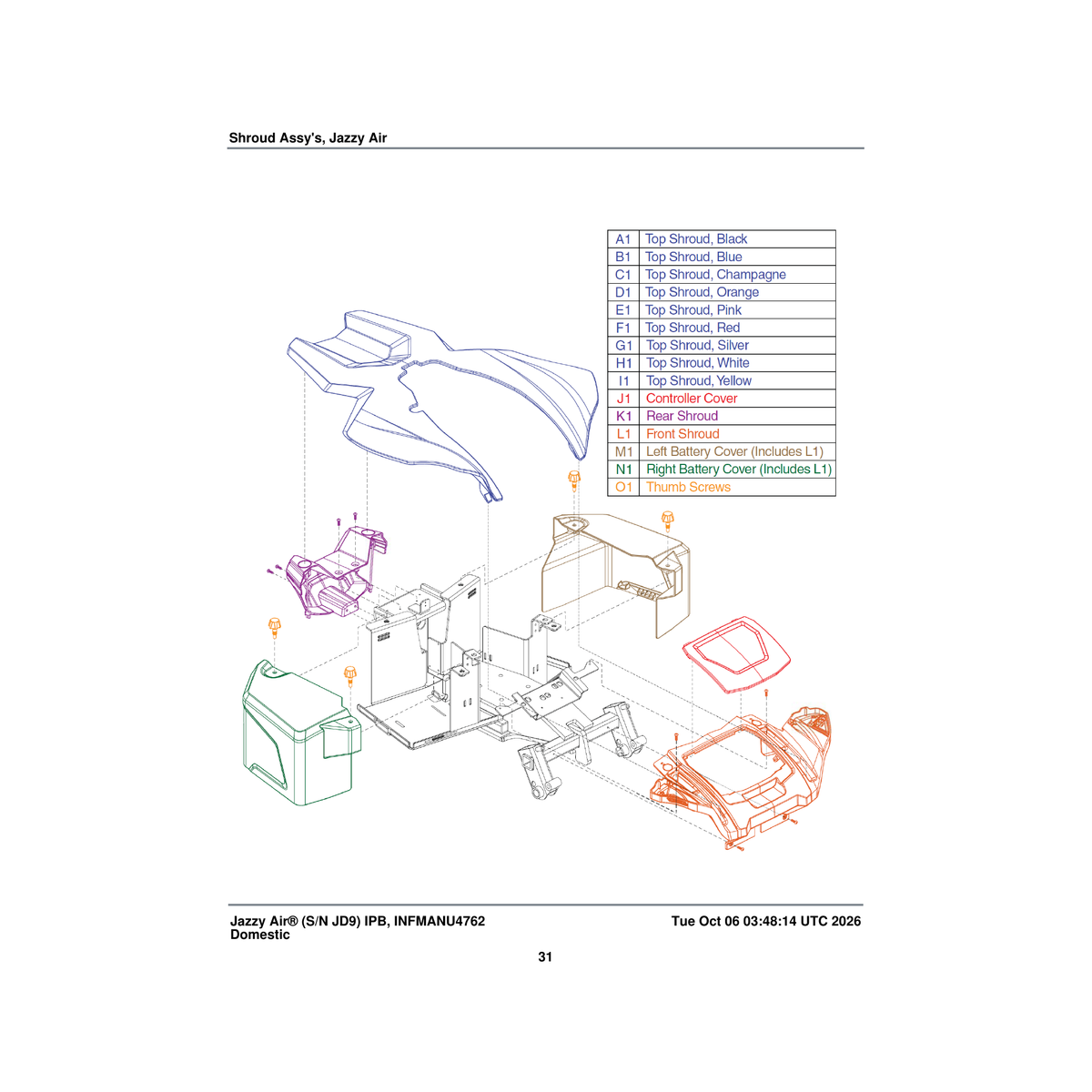 Pride Mobility DGN167719 top shroud assembly silver jazzy air parts diagram