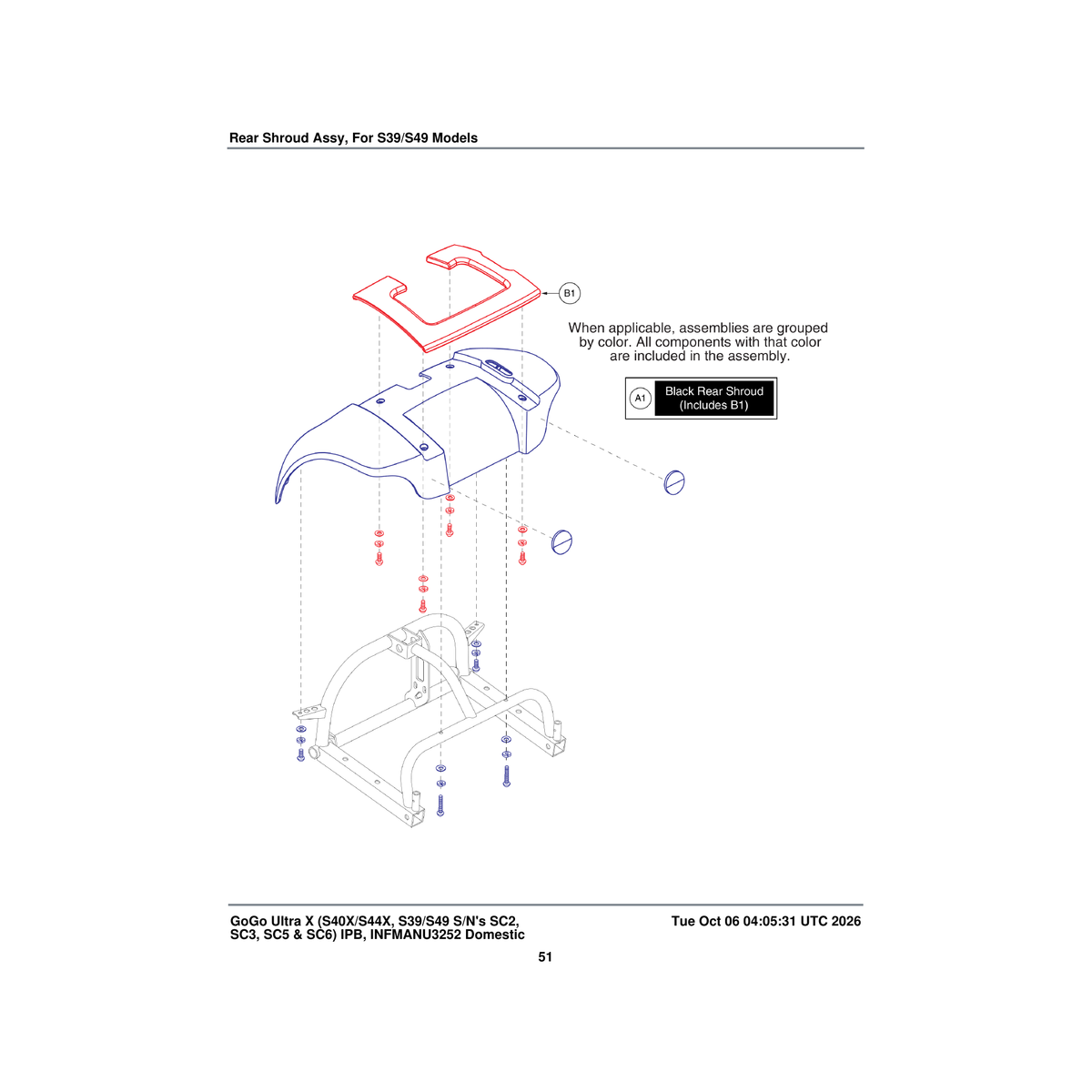 Pride Mobility DGN168480 rear body shroud assembly black parts diagram