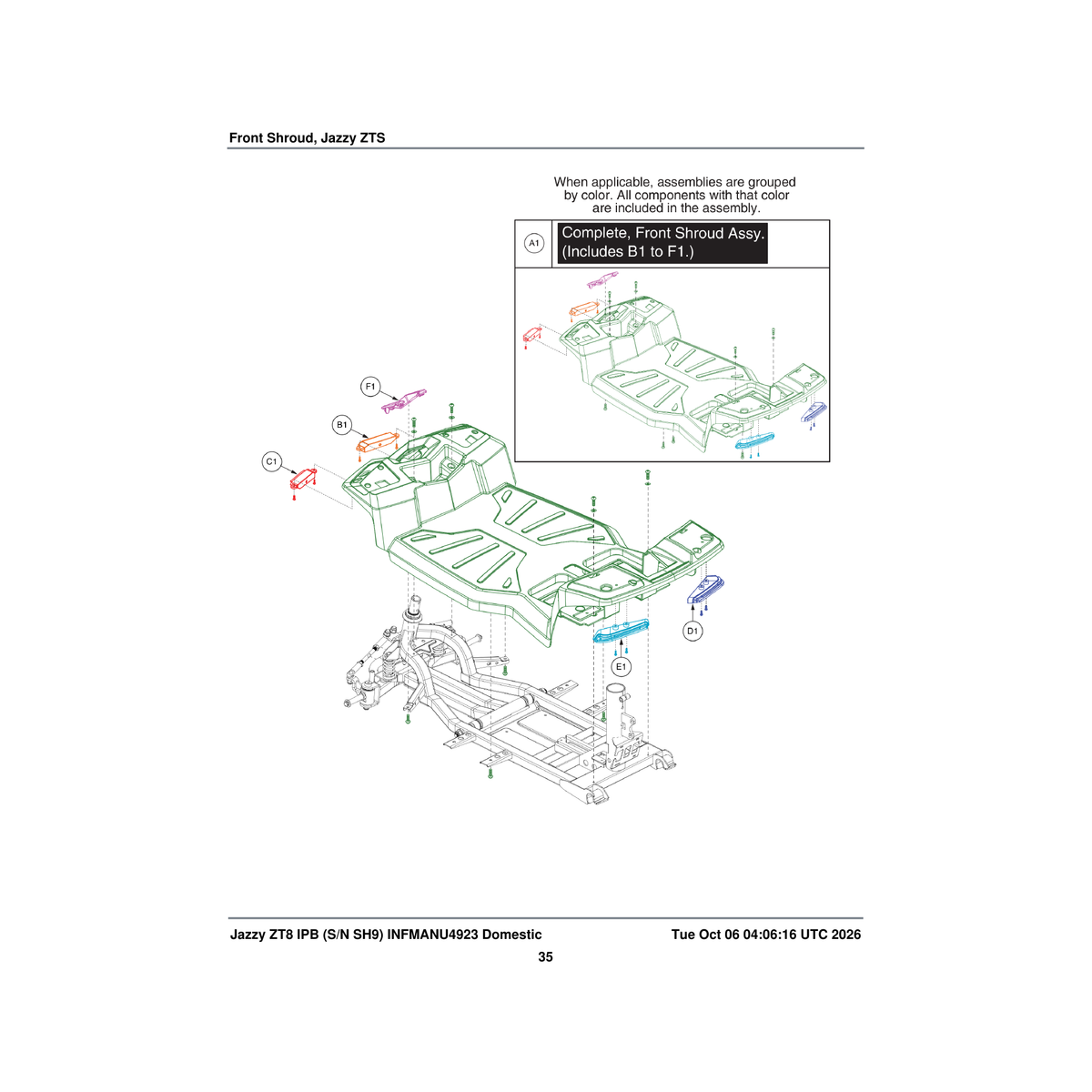 Pride Mobility DGN1700958 front body shroud assembly no inserts 4-wheel 22 amp battery parts diagram