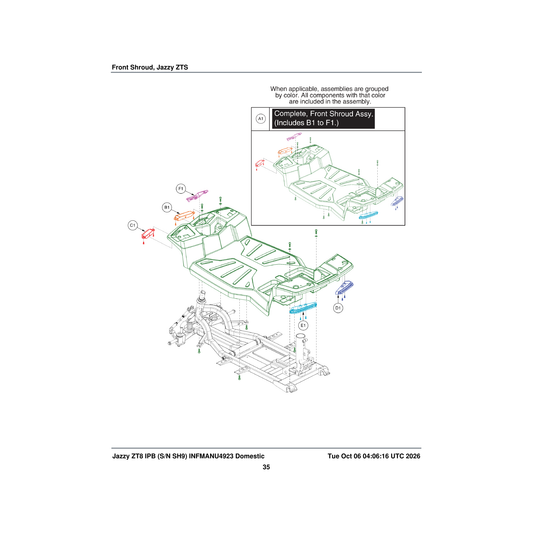 Pride Mobility DGN1700958 front body shroud assembly no inserts 4-wheel 22 amp battery parts diagram