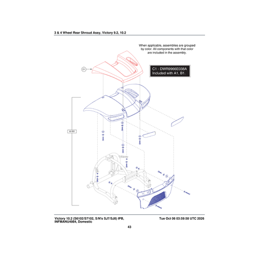 Pride Mobility DGN1800396 rear body shroud assembly ocean blue with black accent piece parts diagram