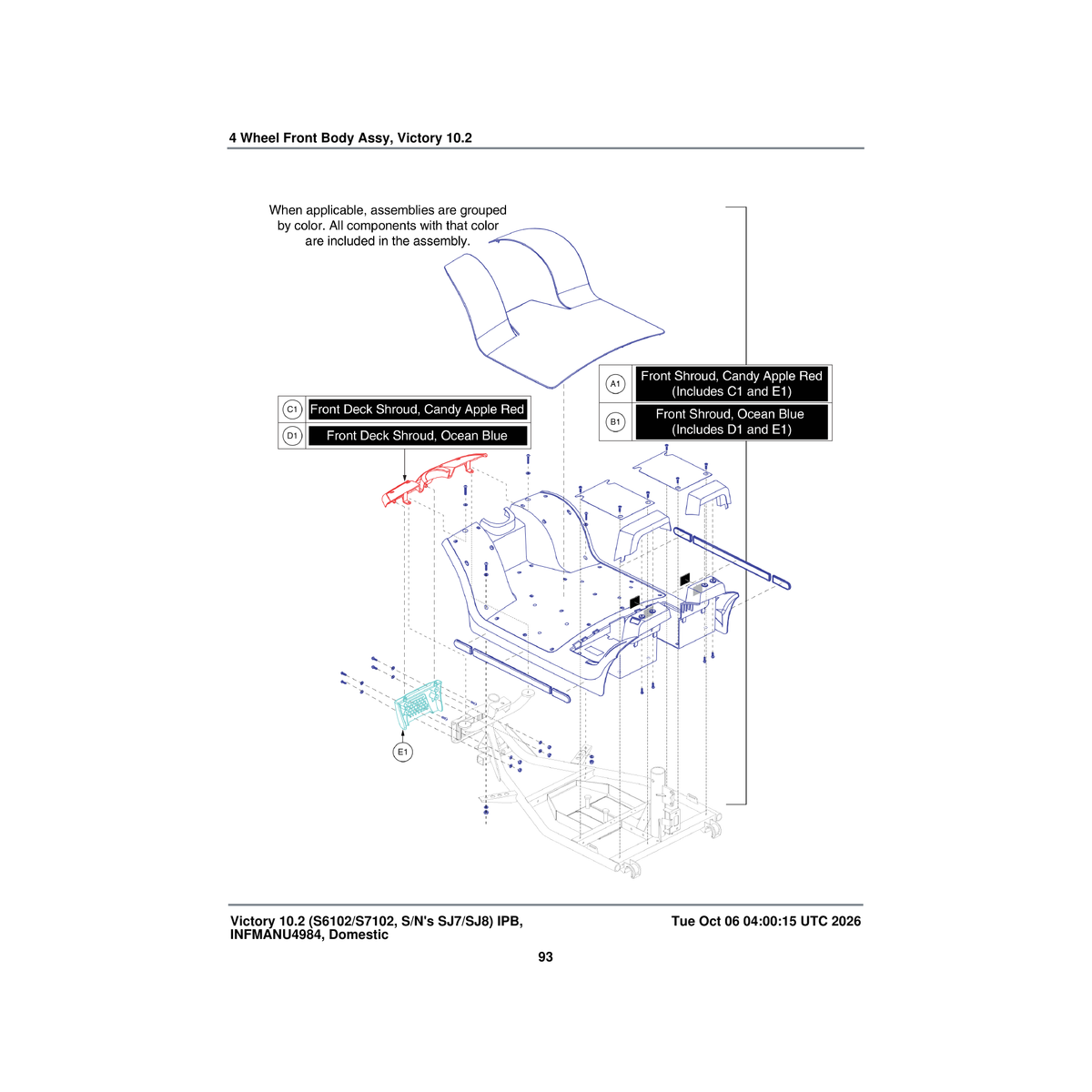 Pride Mobility DGN1800397 front body shroud assembly ocean blue with black floor mat & accent pieces parts diagram