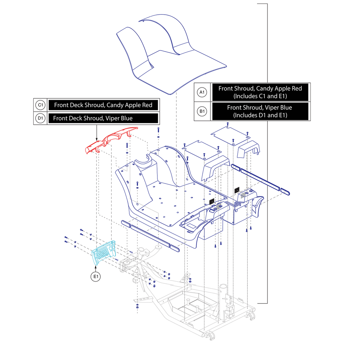 Pride Mobility (DGN1800537), Pride parts diagram of the VA Victory front shroud showing the candy apple red 4-wheel front body shroud assembly, item A1.