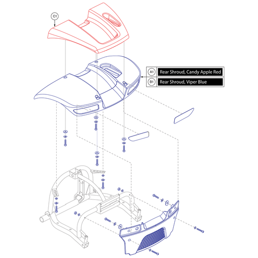 Pride Mobility (DGN1800538), Pride parts diagram of the VA Victory rear shroud showing the candy apple red rear body shroud assembly, item A1.