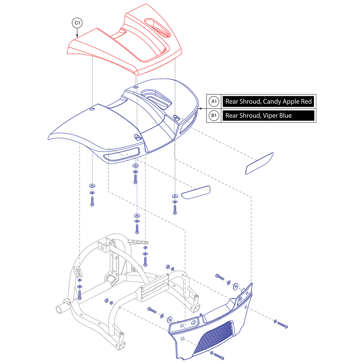Pride Mobility (DGN1800548), Pride parts diagram of the VA Victory rear shroud showing the viper blue rear body shroud assembly, item B1.