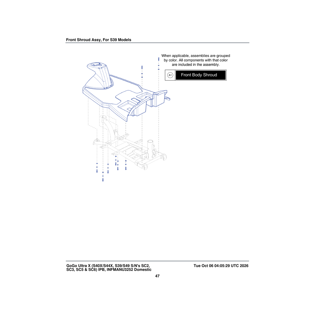Pride Mobility DGN1802086 front body shroud assembly black parts diagram