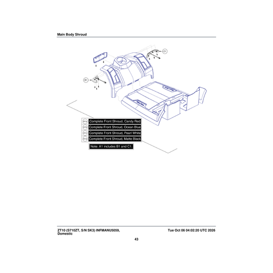 Pride Mobility DGN1804061 front body shroud assembly pearl white zt 10 parts diagram